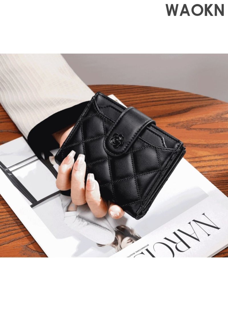 WAOKN Small Wallets for Women and men , Leather Bifold Wallet , suitable for Women and men , Blocking Purse Credit Card Holder, Multi slot wallet , wallet with 12 Card Slots and ID Window Coin Pocket , black . - Image 2